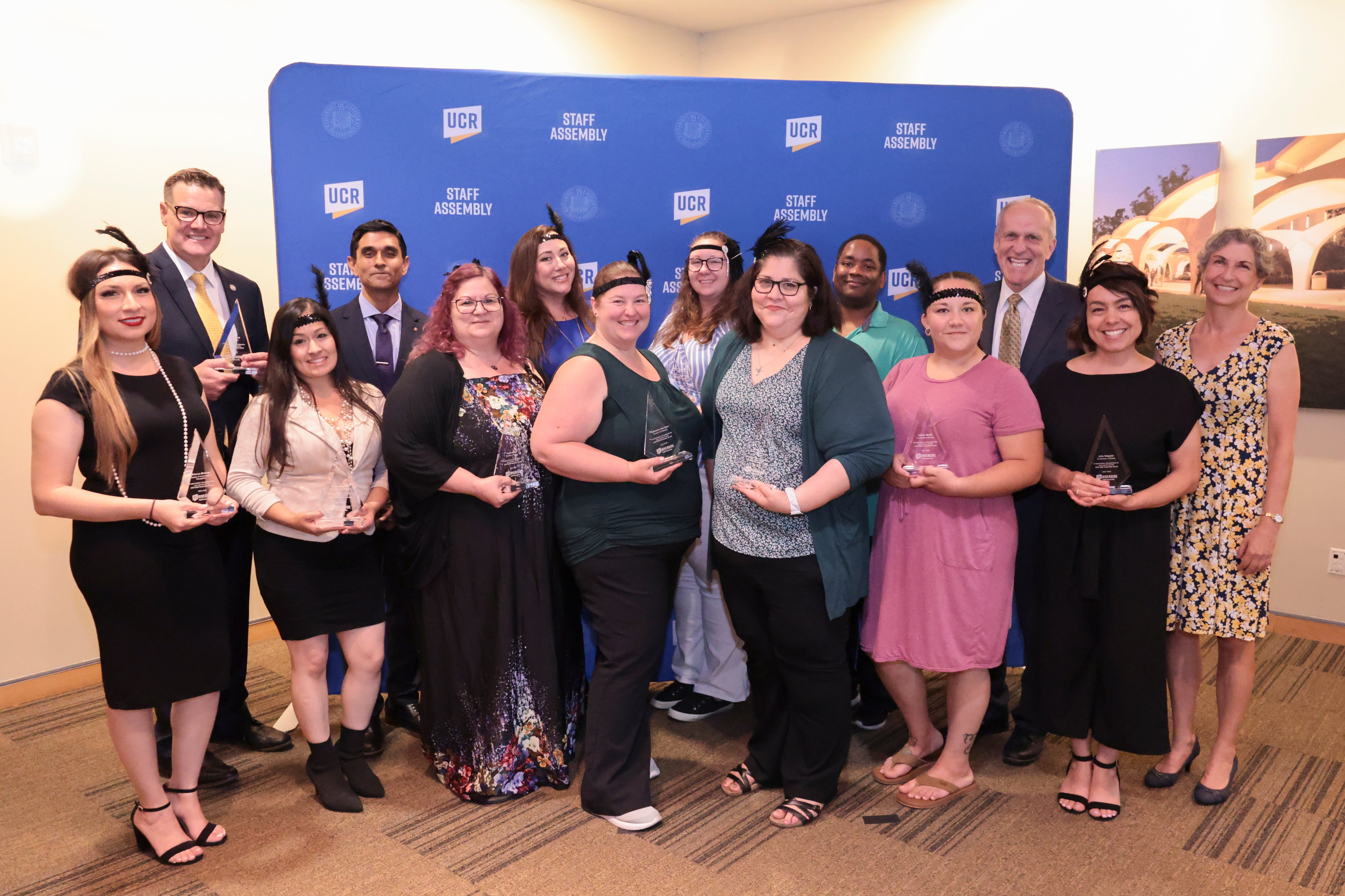2021-2022 UCR Staff Assembly Executive Board members with Chancellor Wilcox and Provost Watkins at the 2022 Outstanding Staff Awards