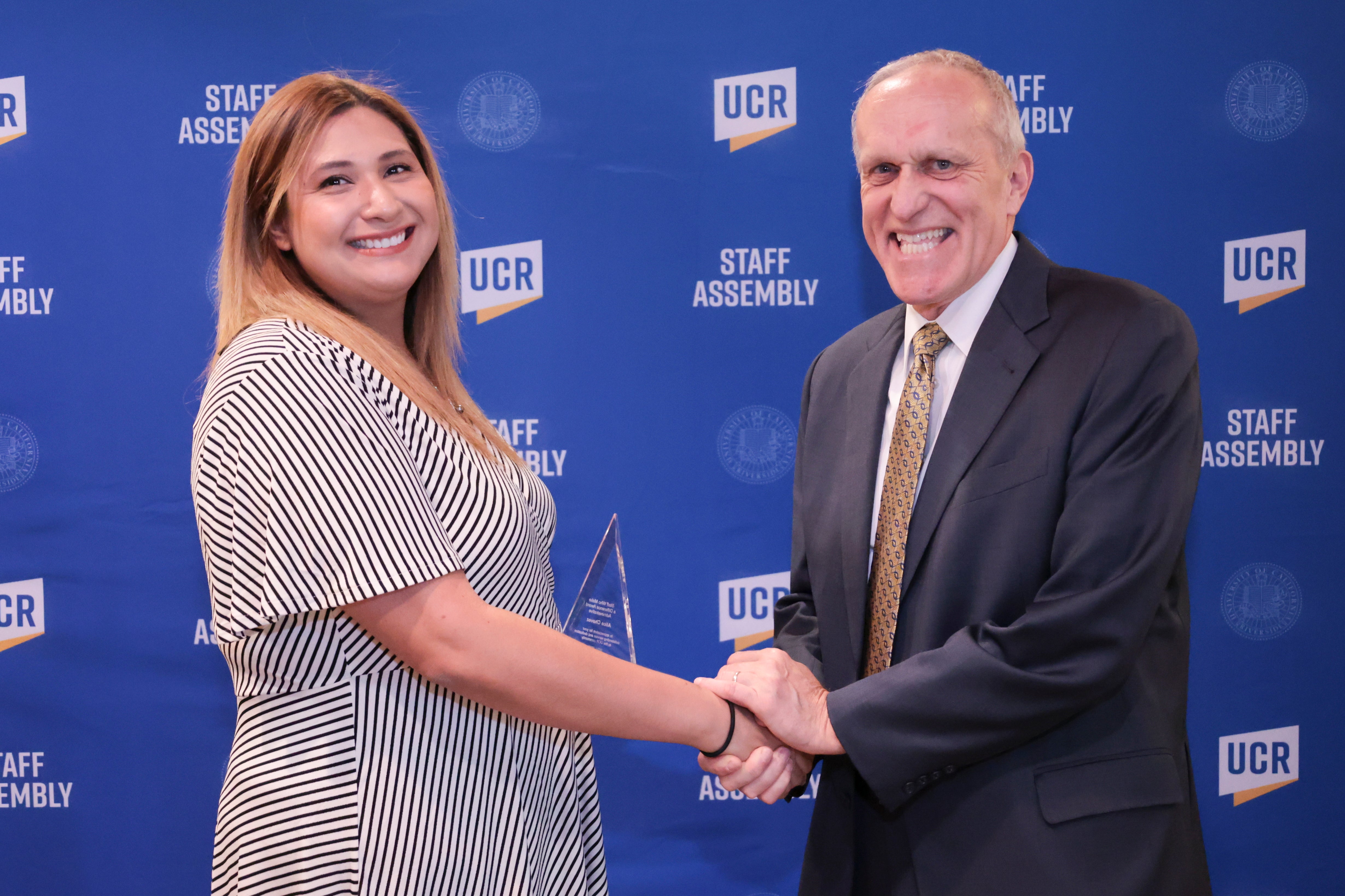 Staff Who Make a Difference award winner Alice Chavez with Chancellor Wilcox at the 2022 Outstanding Staff Awards
