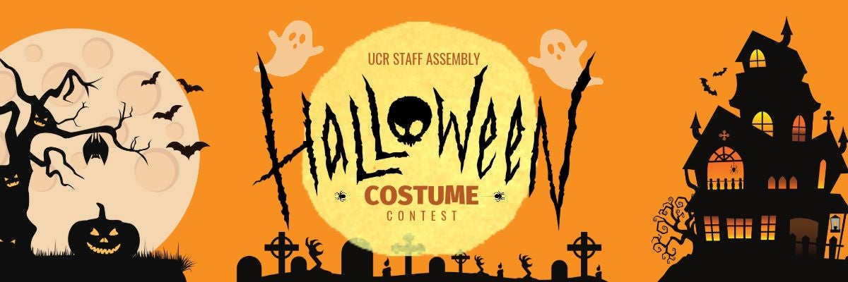 Full moon behind a tree and jack-o-lantern, graveyard, and haunted house. Image text: UCR Staff Assembly Halloween Costume Contest.