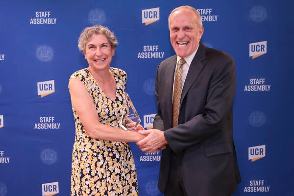 Provost Elizabeth Watkins with Chancellor Kim Wilcox at the 2022 Outstanding Staff Awards