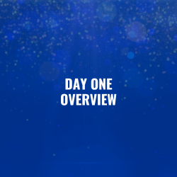 Day one overview text, blue background with sparkles
