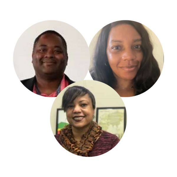 Tripple bubble headshots, left to right Dennis McIver and Charron Andrus, bottom Eboni Shaw, all smiling