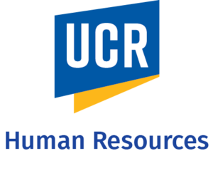 UCR Human Resources logo: bold white “UCR” lettering on a blue angled panel with a yellow accent, above blue “Human Resources” text; clean, professional tone.